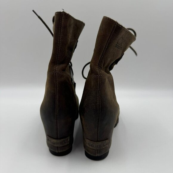 Sorel Joan Of Arctic Wedge Boots Brown Rustic Leather Lace-Up Womens Size 9 - Picture 3 of 9